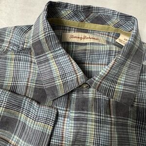 Tommy Bahama Size Large Blue Gray Check Button Up Shirt‎ Short Sleeve Linen Men